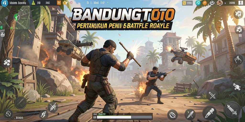 Screenshot utama BANDUNGTOTO menunjukkan pertempuran seru di medan Battle Royale.