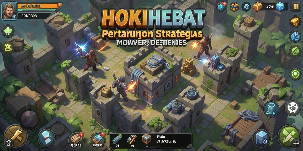 Screenshot gameplay HOKIHEBAT dengan menara aktif melawan gelombang musuh.