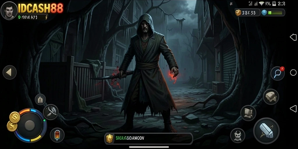 Screenshot gameplay IDCASH88 menampilkan suasana horor yang mencekam.