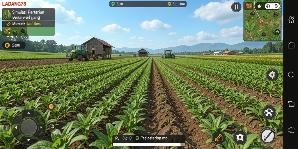 Screenshot utama LADANG78 menunjukkan gameplay simulasi pertanian yang seru.