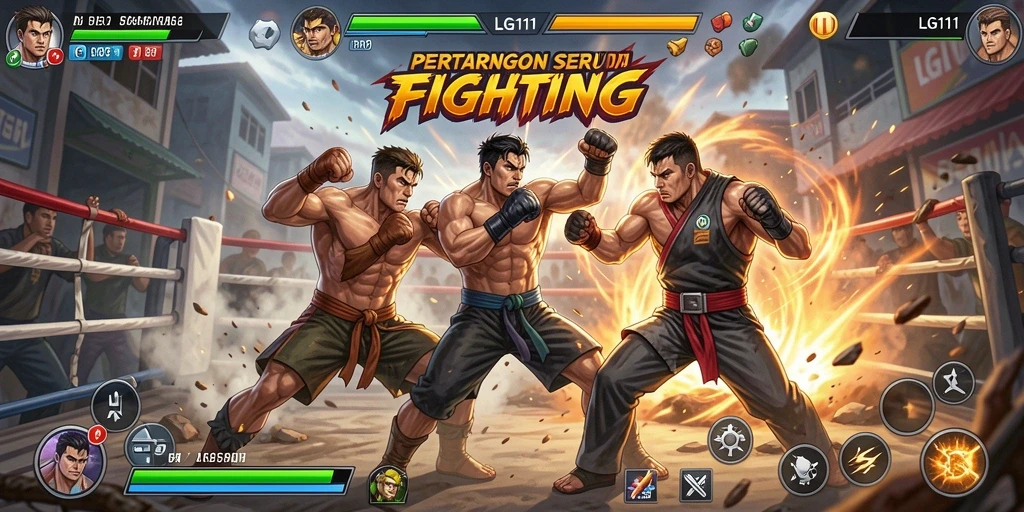 Screenshot utama menampilkan pertarungan karakter dalam aksi yang mendebarkan.