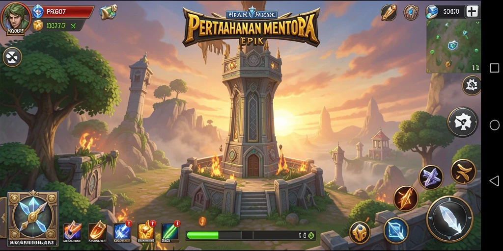 Screenshot menunjukkan aksi seru menara mempertahankan dari serangan musuh.