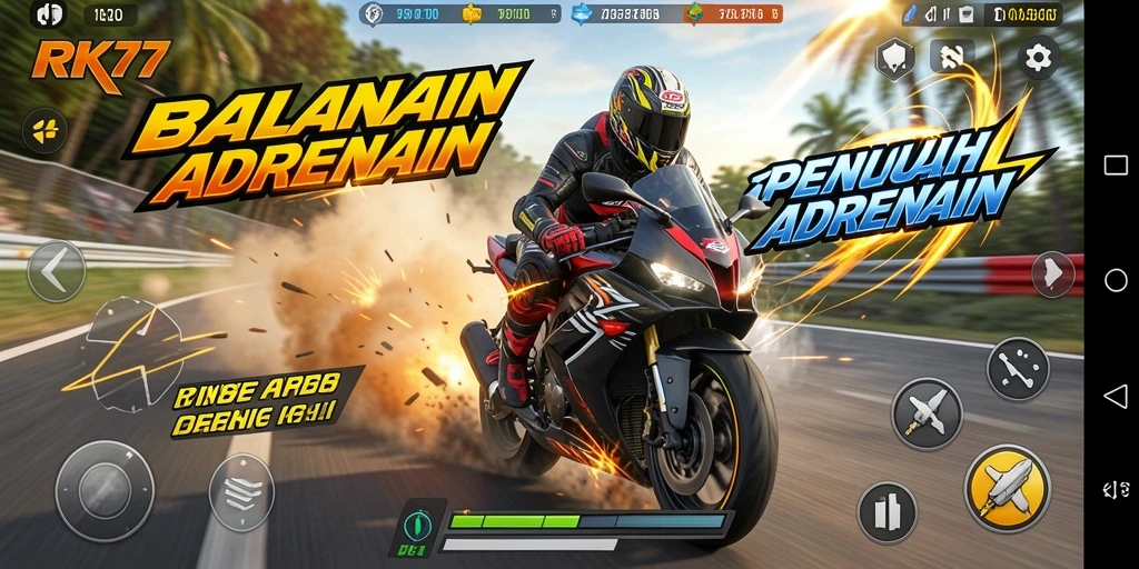 Tampilan gameplay RK77 dengan aksi balapan motor yang intens.