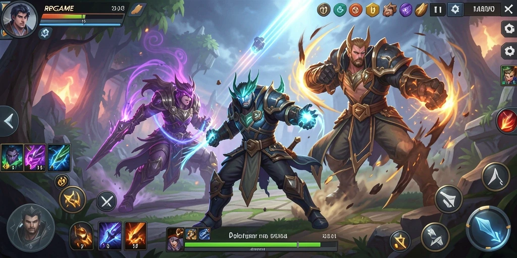 Screenshot utama RPGAME menampilkan pertarungan seru antara karakter di arena.